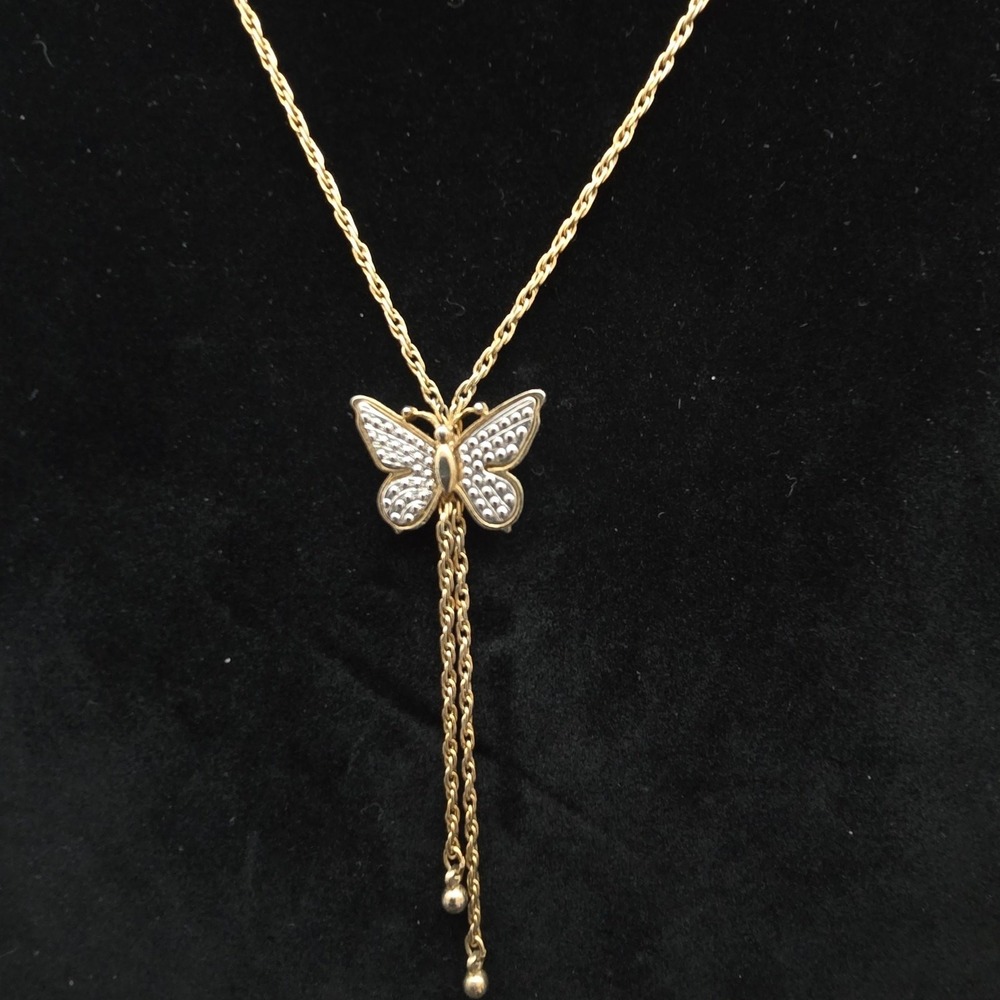 Avon 1979 Butterfly Lariat Necklace Bolo Slide Charm Two Tone Vintage